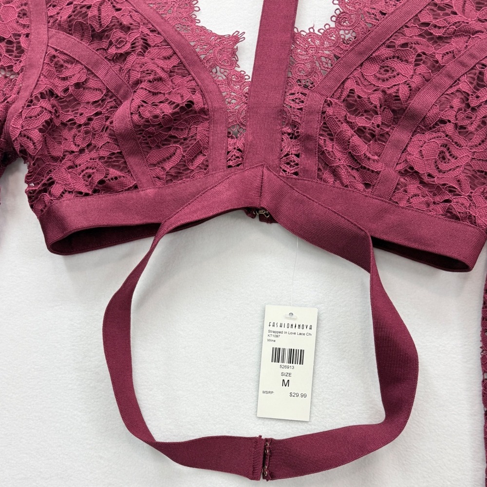Fashion Nova Crop Top Womens Medium Wine Lace Strapped Love Choker Long Sleeve - Picture 4 of 11